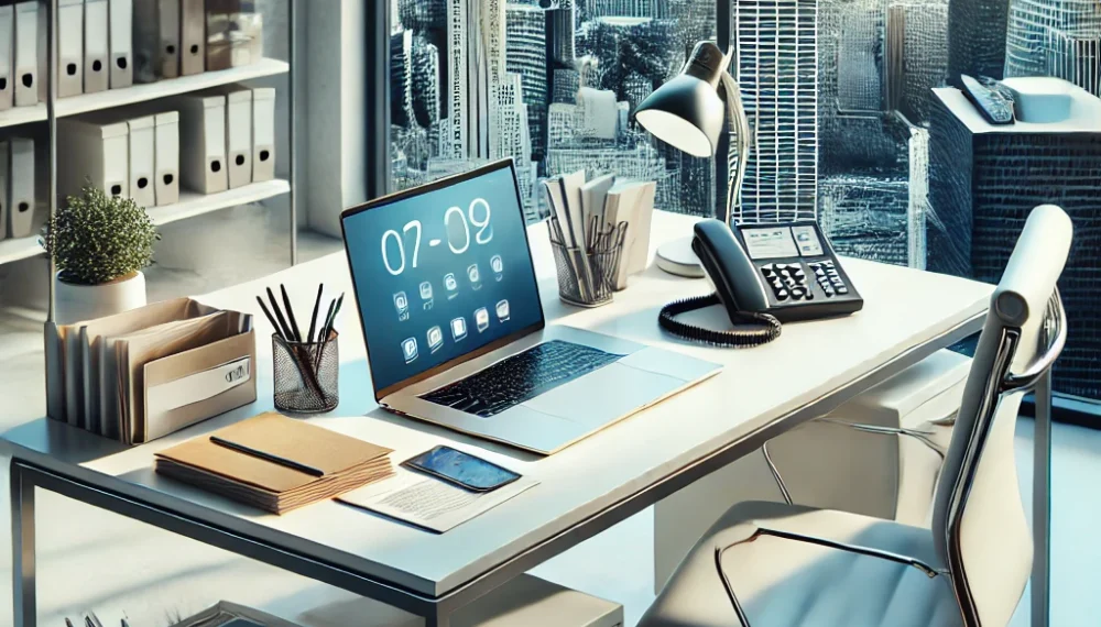 DALL·E 2024-11-06 17.58.41 - A realistic photo representing a virtual office service setup. The image includes a modern office desk with items like a laptop, phone, neatly stacked